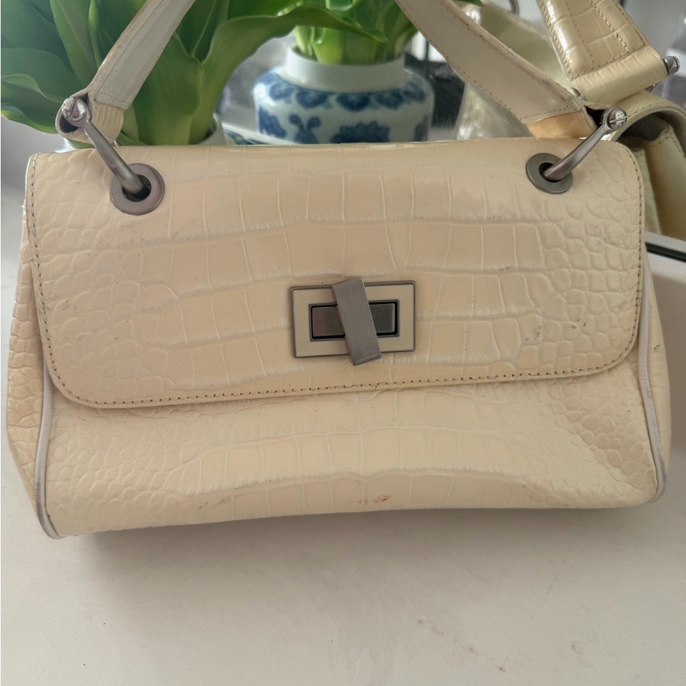 Donald J. Pliner Cream Crocodile-Embossed Shoulder Bag
